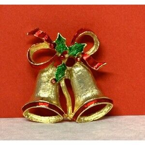 New View Christmas Bell Brooch Red Ribbon Gold Tone Pin Tree Holly Berries